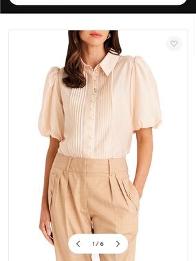 Able Cream Pintuck Puff-Sleeve Button-Down Blouse